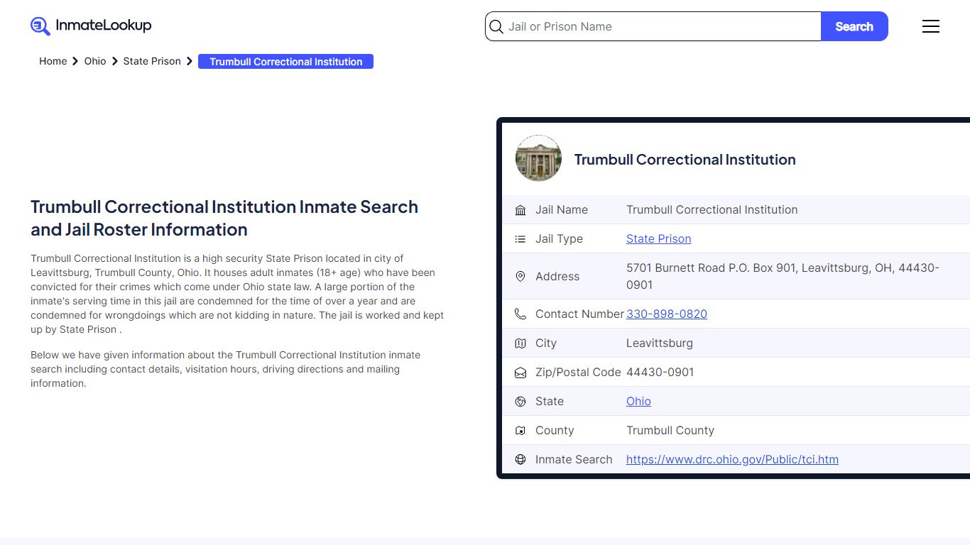 Trumbull Correctional Institution Inmate Search, Jail Roster, Bookings ...
